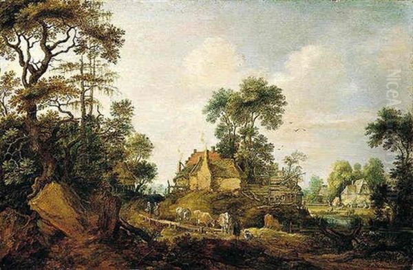 A Rocky Landscape With Cattle And Figures On A Path, A Riverside Village Beyond Oil Painting by Gillis Claesz De Hondecoeter