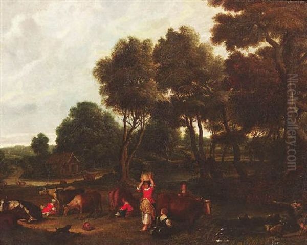 Bauerinnen Beim Melken Der Kuhe Am Waldrand Oil Painting by Gillis Claesz De Hondecoeter