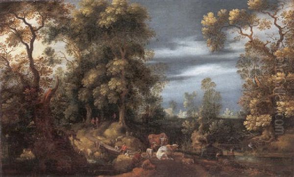 A Wooded Landscape With Peasants, Shepherds And Animals On A Path By A Bridge, A Village In The Distance Oil Painting by Gillis Claesz De Hondecoeter