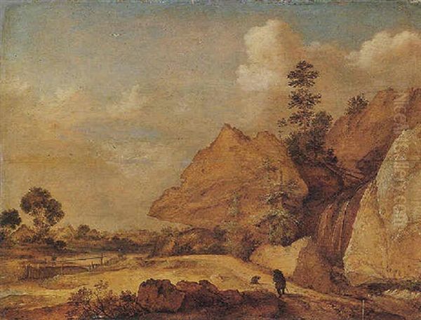 Rocky Landscape With A Solitary Traveller And His Dog Near A Waterfall Oil Painting by Gillis Claesz De Hondecoeter