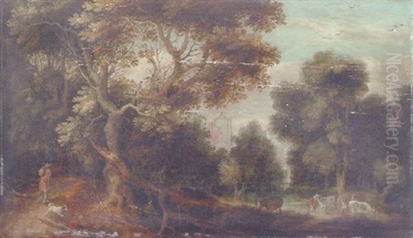 Wooded River Landscape With Traveller And Dog On Path, Cattle Watering And Figures Resting. A Church Beyond Oil Painting by Gillis Claesz De Hondecoeter