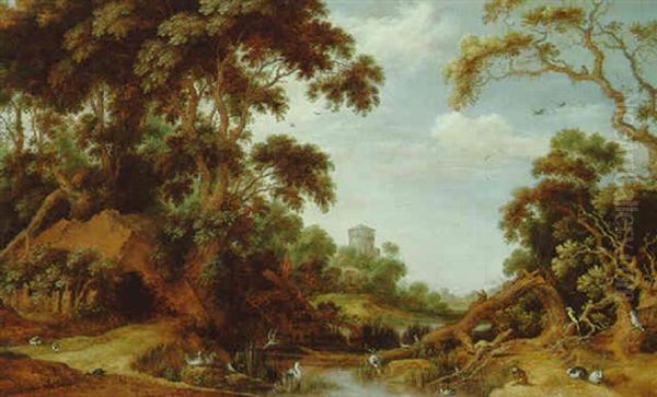 A Wooded Landscape With Animals And A Ruined Tower, A Town Beyond Oil Painting by Gillis Claesz De Hondecoeter