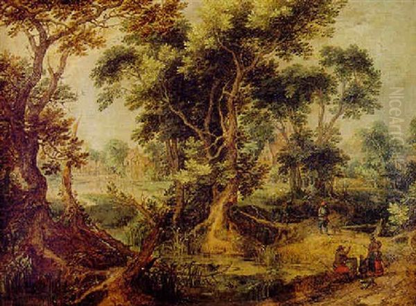 Paysage Fluvial Boise Anime De Villageois Et Chasseur Oil Painting by Gillis Claesz De Hondecoeter