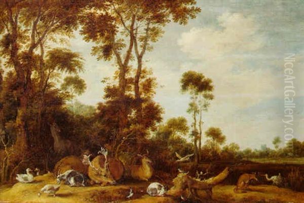 Deer, A Goat,a Cat, A Fox, And Birds In A Wooded Landscape Oil Painting by Gillis Claesz De Hondecoeter