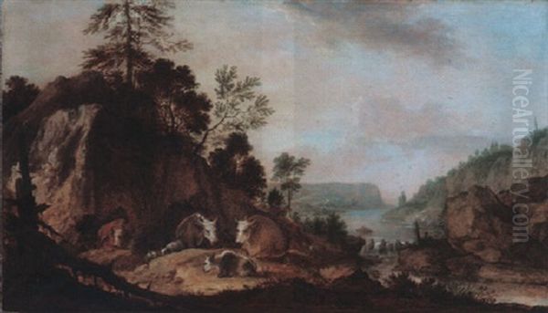 Rocky River Landscape With Herders And Their Cattle Resting Oil Painting by Gillis Claesz De Hondecoeter