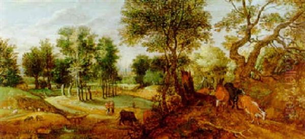 Sommerlandschaft Mit Reisenden, Schafen Und Kuhen Oil Painting by Gillis Claesz De Hondecoeter