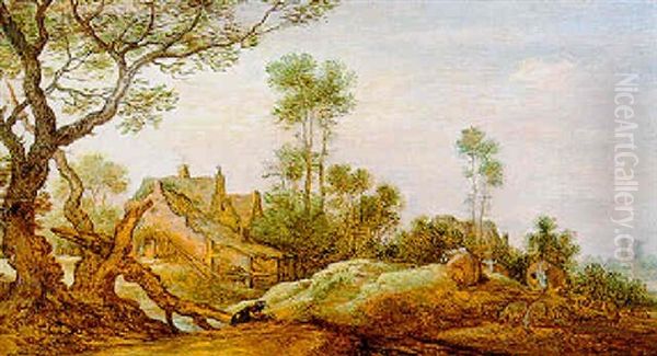 Landschaft Mit Hof, Links Ein Knorriger, Alter Baum Und Ein Hund, Der Eine Herde Von Kuhen Bewacht Oil Painting by Gillis Claesz De Hondecoeter