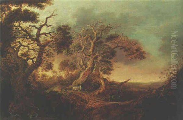 A Wooded Landscape With Deer And A Goat Gambolling, Ducks On A Pond Nearby Oil Painting by Gillis Claesz De Hondecoeter