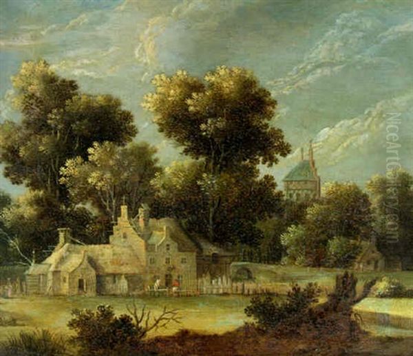 A Rural Landscape With Figures Outside A Tavern Oil Painting by Gillis Claesz De Hondecoeter