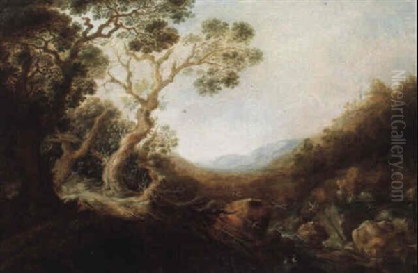 Paysage De Riviere Dans Des Montagnes Avec Deux Cerfs Oil Painting by Gillis Claesz De Hondecoeter