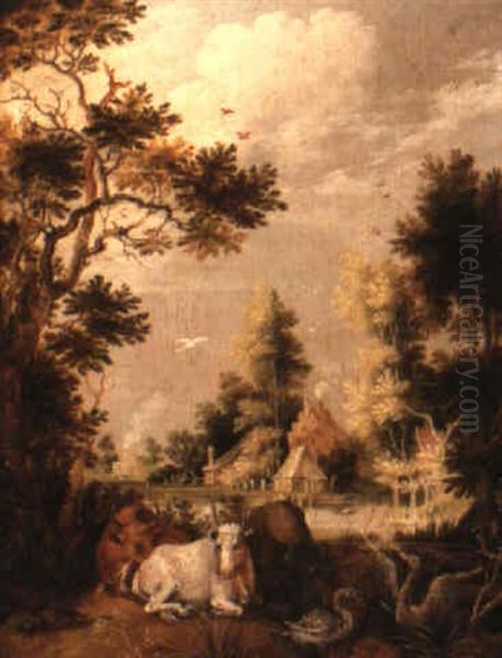 A River Landscape With Cattle And Swans Oil Painting by Gillis Claesz De Hondecoeter