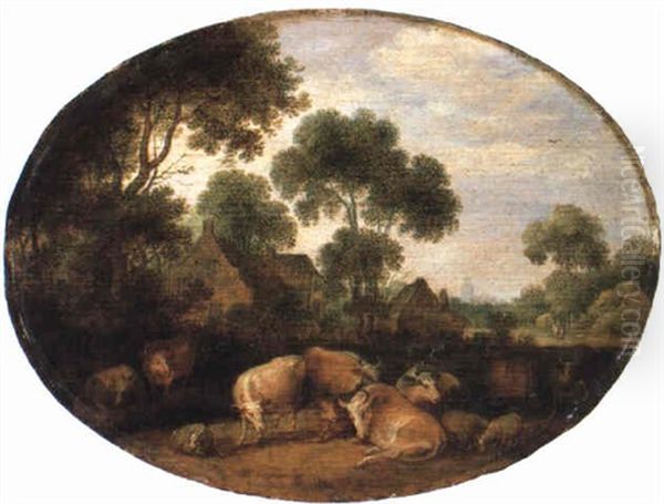 Cows And Sheep In A Meadow Oil Painting by Gillis Claesz De Hondecoeter