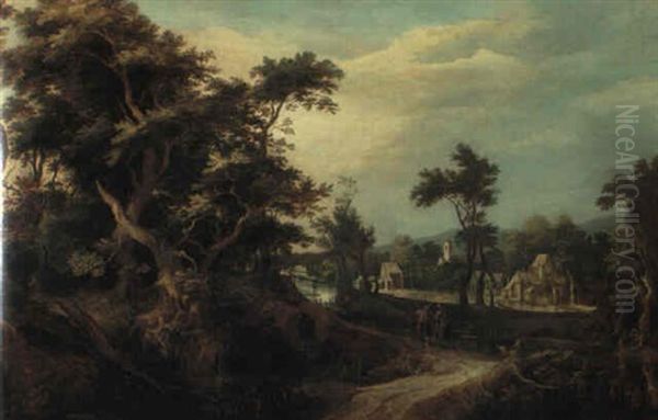 Wooded Landscape With Figures Oil Painting by Gillis Claesz De Hondecoeter