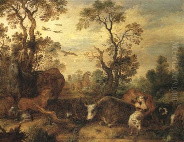 Landscape With Cattle And Other Animals Oil Painting by Gillis Claesz De Hondecoeter