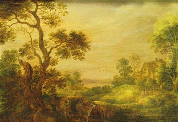 Wooded Landscape With Cows And Figures by Gillis Claesz De Hondecoeter