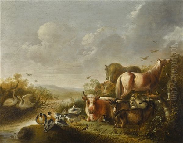 Animals In A Landscape Oil Painting by Gysbert Gillisz de Hondecoeter