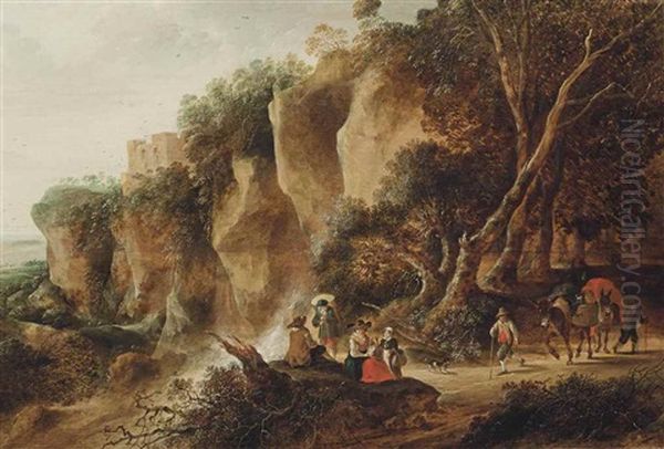 A Wooded Landscape With Travellers On A Path Oil Painting by Gysbert Gillisz de Hondecoeter