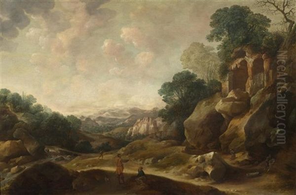 Traveller In A Broad Rocky Landscape Oil Painting by Gysbert Gillisz de Hondecoeter