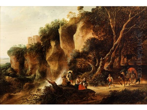 Felsige Landschaft Mit Wasserfall, Einer Rastenden Gruppe Und Zwei Ziehenden Bauern Oil Painting by Gysbert Gillisz de Hondecoeter