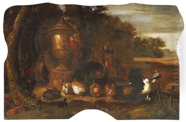 Geflugelhof Mit Kaninchen Und Papagei Vor Abendlicher Landschaft Oil Painting by Gysbert Gillisz de Hondecoeter