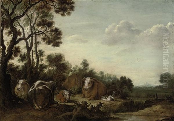 A Wooded Landscape With Cattle Grazing On A Bank Oil Painting by Gysbert Gillisz de Hondecoeter