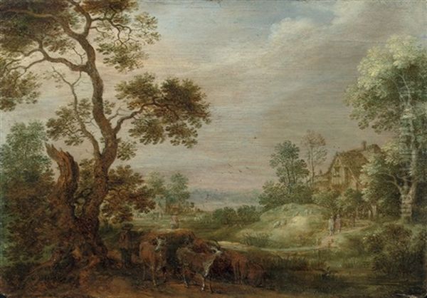 A Wooded Landscape With A Herdsman And His Herd, A Cottage Beyond Oil Painting by Gysbert Gillisz de Hondecoeter