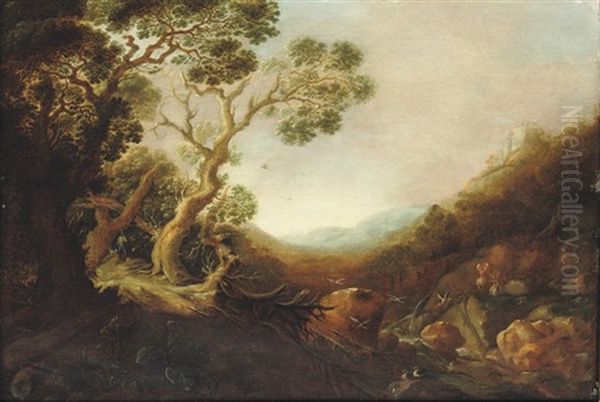 A Wooded Rocky Landscape With Birds And Deer By A Stream Oil Painting by Gysbert Gillisz de Hondecoeter