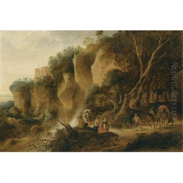 A Rocky Wooded Landscape With Travellers And Their Donkeys On A Path Oil Painting by Gysbert Gillisz de Hondecoeter