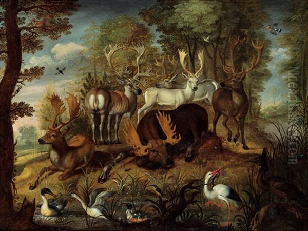 Darstellung Verschiedener Tierarten Darunter Elch, Dammhirsch Europaischer Rothirsch, Karibeau, Eisvogel, Kranich Und Hirschkafer Oil Painting by Gysbert Gillisz de Hondecoeter