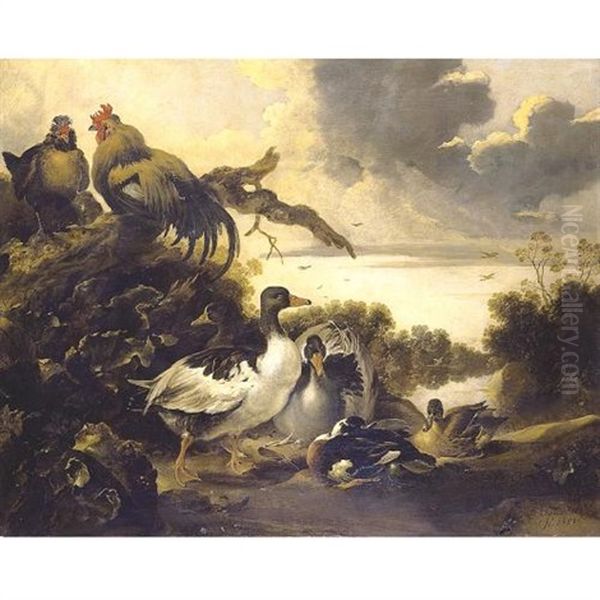 Fowl On A Riverbank Oil Painting by Gysbert Gillisz de Hondecoeter