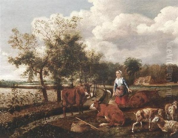 Bauerin Mit Kuhen Und Schafen An Einem Kanal Oil Painting by Gysbert Gillisz de Hondecoeter