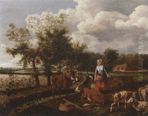 Bauerin Mit Kuhen Und Schafen An Einem Kanal Oil Painting by Gysbert Gillisz de Hondecoeter