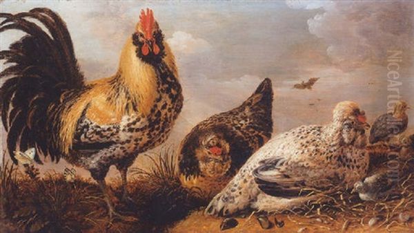 A Hen And Chicks In A Landscape Oil Painting by Gysbert Gillisz de Hondecoeter