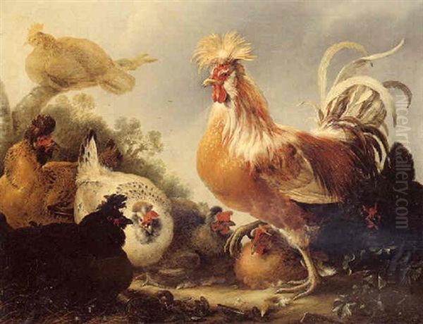 A Cockerel And Hens Oil Painting by Gysbert Gillisz de Hondecoeter