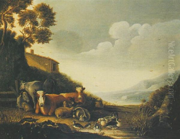 A Herd Of Cows, Goats And Sheep Near A Pond, Mountains Beyond Oil Painting by Gysbert Gillisz de Hondecoeter