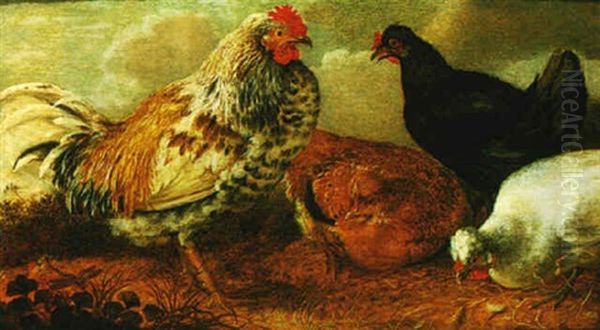 A Cockerel And Chickens In A Landscape Oil Painting by Gysbert Gillisz de Hondecoeter