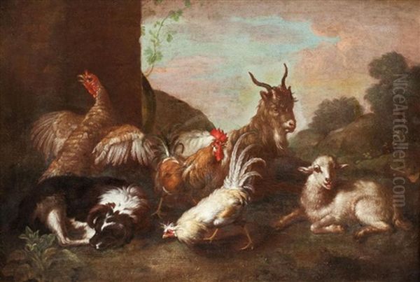 Poultry, A Goat And A Sheep In A Farmyard With A Landscape Beyond Oil Painting by Melchior de Hondecoeter