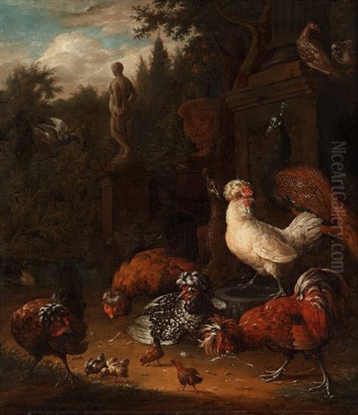 The Chicken Yard Oil Painting by Melchior de Hondecoeter