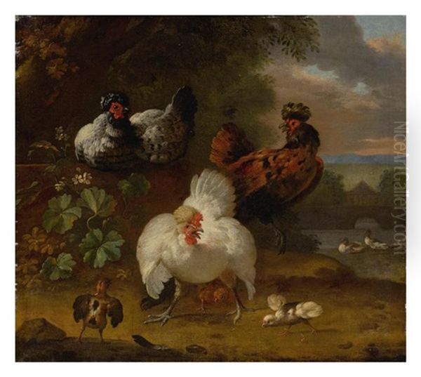 Decorative Fowl By A River Oil Painting by Melchior de Hondecoeter