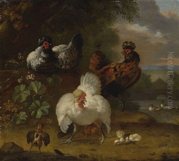 Decorative Fowl By A River Oil Painting by Melchior de Hondecoeter