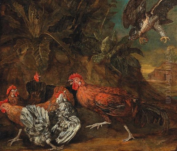 Fowls Attacked By A Bird Of Prey Oil Painting by Melchior de Hondecoeter