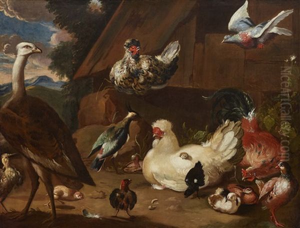 Poultry Yard Oil Painting by Melchior de Hondecoeter