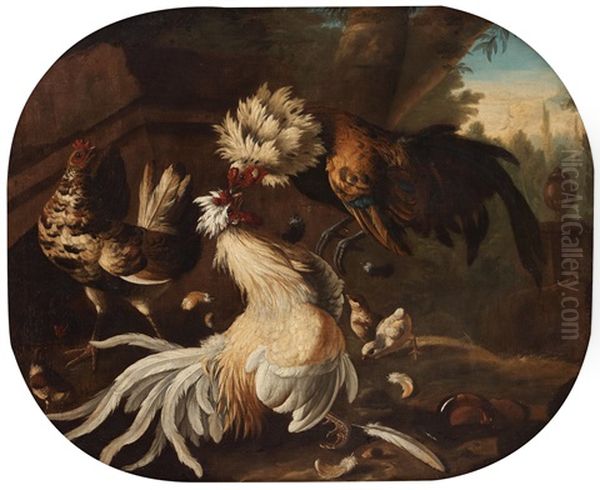 Cock Fight Oil Painting by Melchior de Hondecoeter