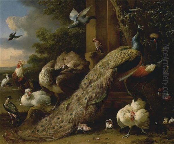 A Peacock And Pea Hen With A Crane, Chickens And Other Birds In A Landscape Oil Painting by Melchior de Hondecoeter