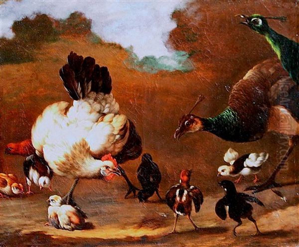 Poule Et Ses Poussins Avec Deux Paons Oil Painting by Melchior de Hondecoeter