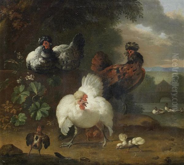 Decorative Fowl By A River Oil Painting by Melchior de Hondecoeter