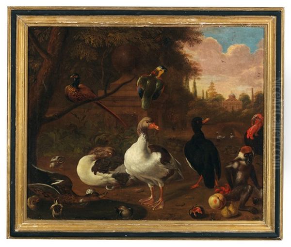 Landscape With Ducks And Other Birds In A Castle Park Oil Painting by Melchior de Hondecoeter