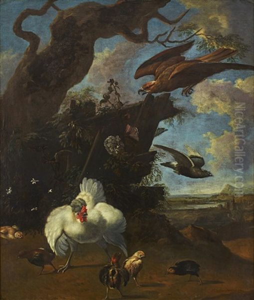 Hens, Chickens, A Dove And A Bird Of Prey In A Landscape Oil Painting by Melchior de Hondecoeter