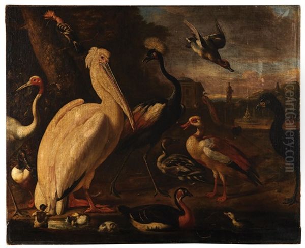 A Pelican And Other Birds By The Water Oil Painting by Melchior de Hondecoeter