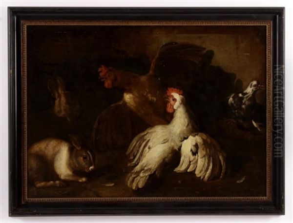 Rabbits And Roosters Oil Painting by Melchior de Hondecoeter